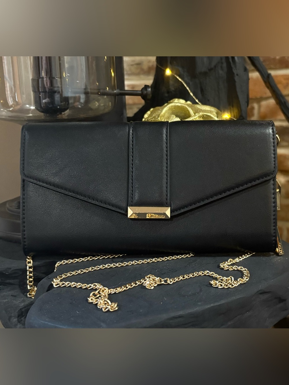 ALDO Black Faux Leather Envelope Clutch with Gold Chain